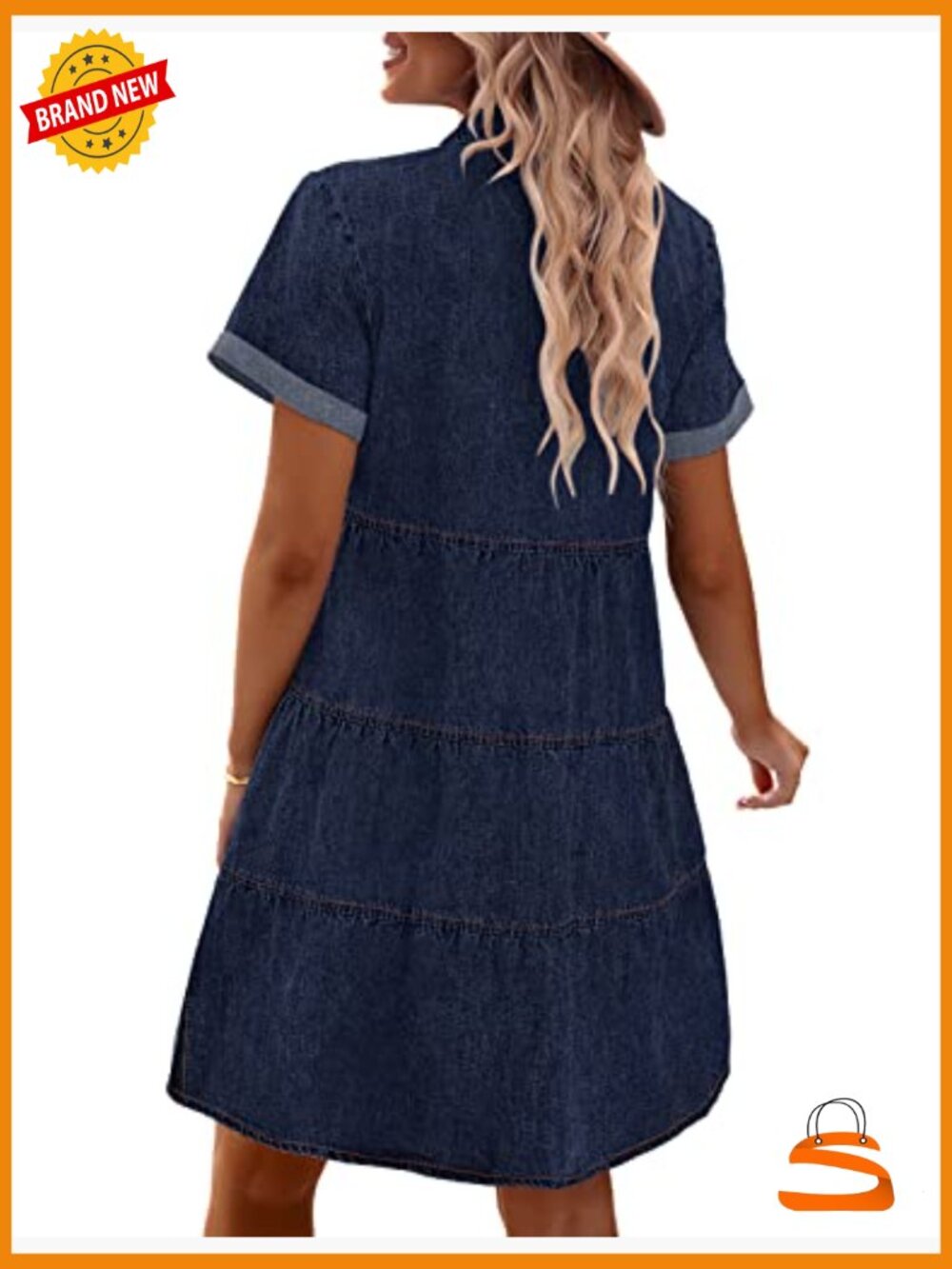 Babydoll Denim Dress Tiered Short Sleeve Button Down Casual Swing Dress - Picture 2 of 7